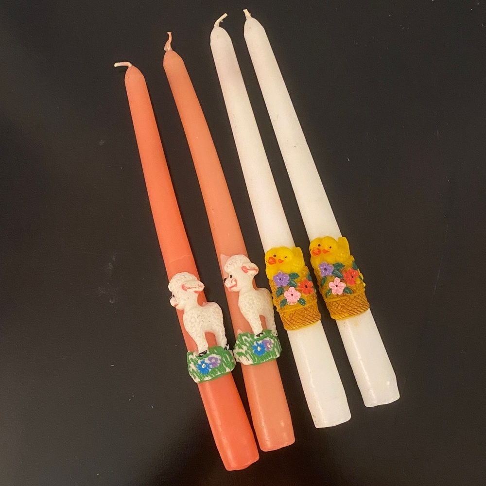 10” Easter Embossed Tapers Springtime Holiday Candles 2 Pairs Lamb & Chicks